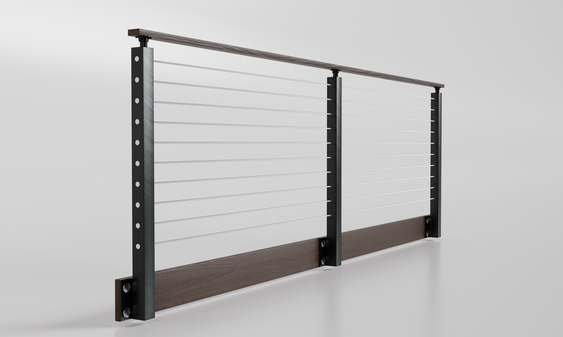 Cable Railing Handrail Cable Railing - Black Metal With Dark Wood Handrail Top 8' Side(Fascia ...
