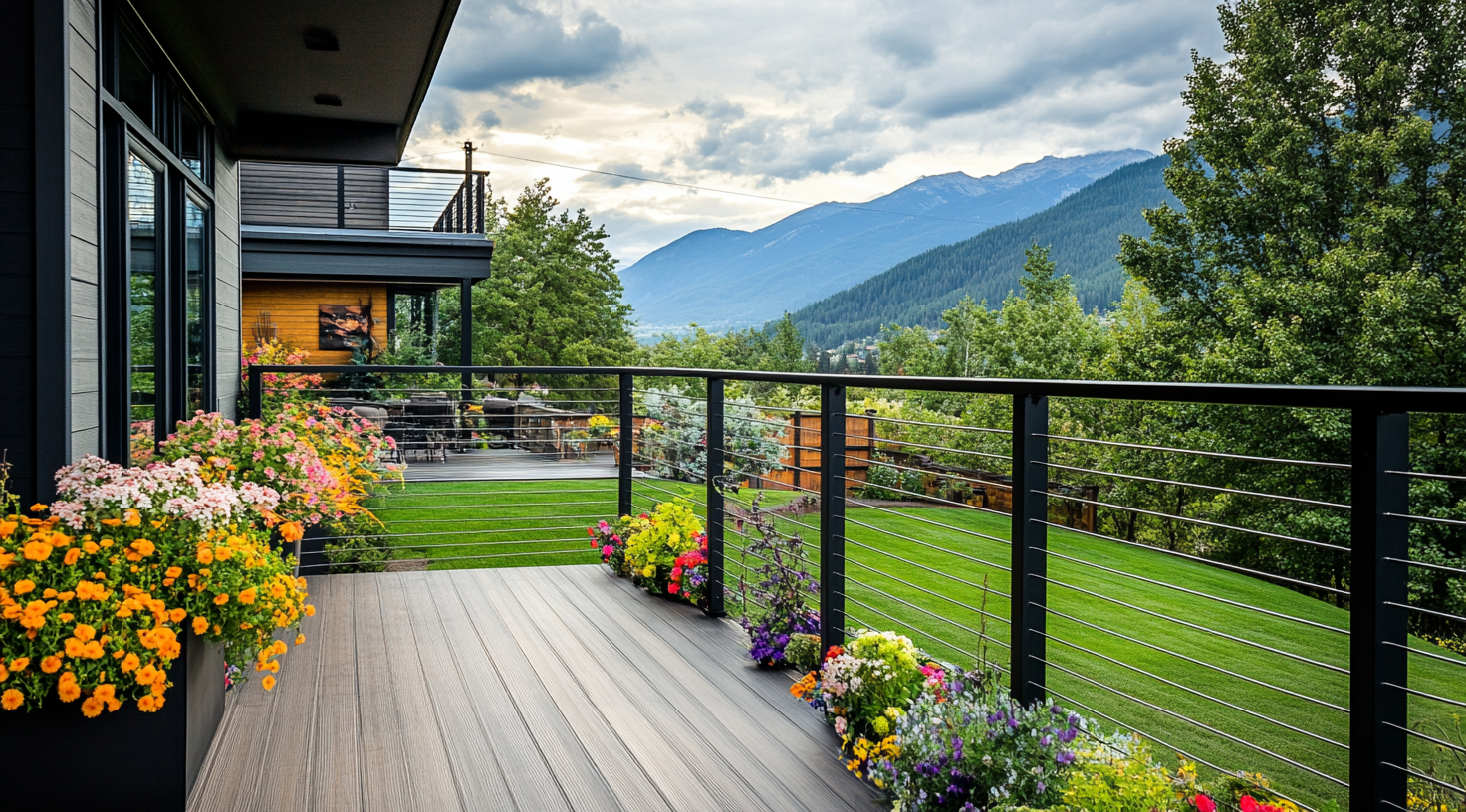 Cable Railing - Black Metal With Black Handrail Top 8' Deck Mounted St ...